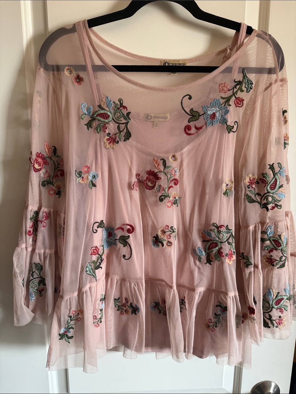 Democracy Pink Sheer Embroidered Ruffle Blouse with Matching Tank
